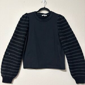 Splendid Tillie Sequin Pullover Black Sweater, Striped Gray Balloon Sleeves. M